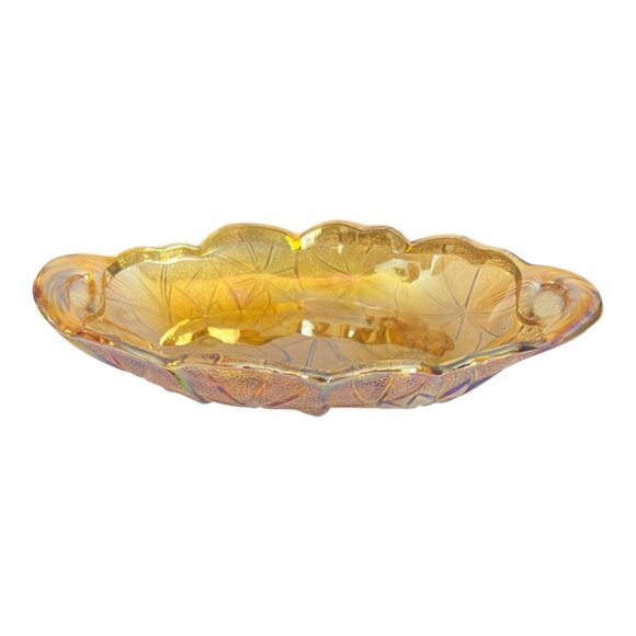 Amber Marigold Carnival Glass Sunflower Pattern Oval Relish Dish With Handles - Picture 3 of 9